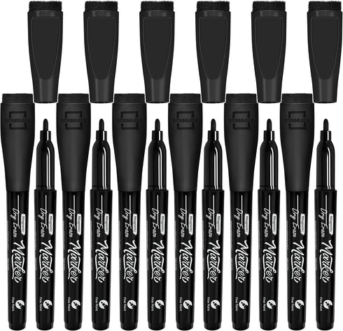 Scribbledo 12 Pack Magnetic Dry Erase Markers, Black Fine Tip with Eraser Cap for Home, School & Office