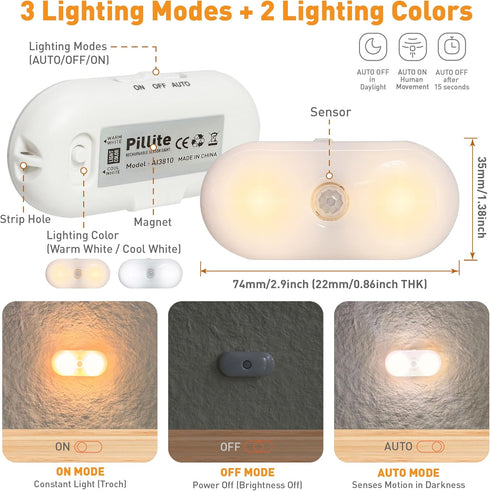 LIBERATECH 2-Color (2 Pack) Rechargeable Motion Sensor Night Light, White & Warm Toilet Light with Auto/On Mode