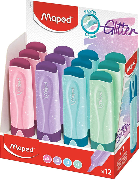Maped Fluo Peps Pastel Glitter Highlighters, Pack of 12, Innovative Dual-Beveled Tip, Enhanced Visibility