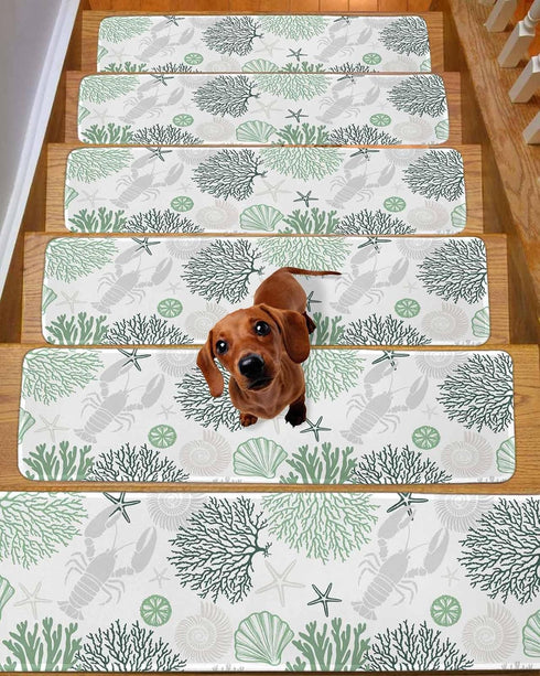 BOHOOSKYLAR 4 8"x30" Gray Lobster Stair Treads Ocean Starfish Green Coral Shell Marine Life Indoor Non Slip Peel