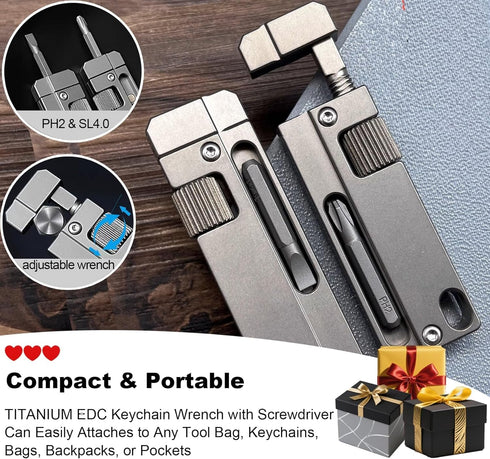 zavcurp Titanium Keychain Wrench Mini EDC Adjustable Spanner with Screwdriver, Pocket Tool for Everyday Carry, Travel