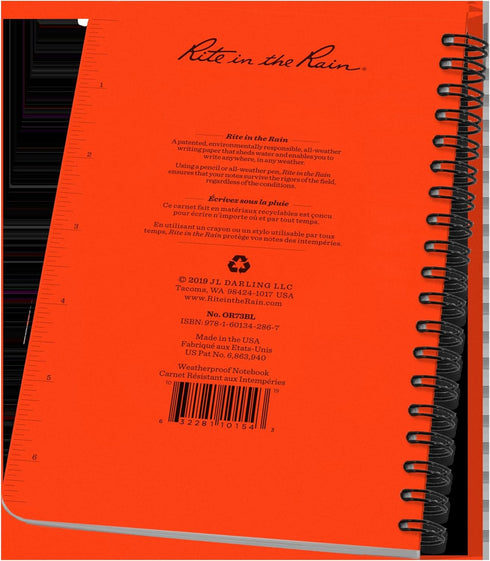Rite in the Rain Weatherproof Side Spiral Notebook, 4.625" x 7", Orange Cover, Universal Pattern