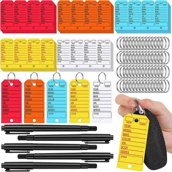PerKoop 1000 Pieces Poly Key Tags with Metal Rings and Markers, Automotive Dealership Keychain Labels, 5 Colors