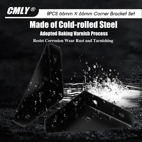 CMLY 8Pcs 66mm Black Triangle Shelf Brackets - Corner Desk Connectors for Wood, Metal, Cabinet