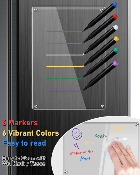 Clear Acrylic Magnetic Dry Erase Board for Fridge, 12"x8" Magnetic Weekly Planner Calendar with 6 Colors Markers
