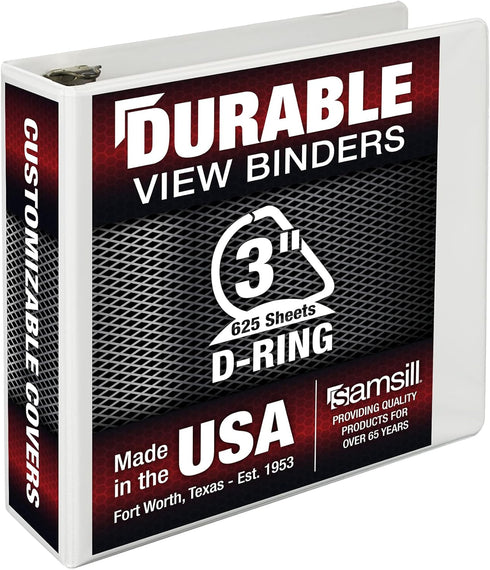 Samsill Durable 3 Inch Binder, D Ring Binder, Customizable Clear View Cover, White, Holds 625 Pages