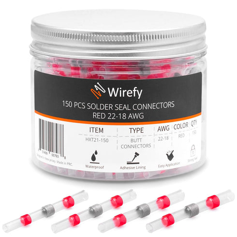 Wirefy 150 PCS Solder Seal Wire Connectors, Heat Shrink Solder Butt Connectors, Waterproof Solder Sleeves, Red 22-18 AWG