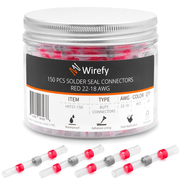 Wirefy 150 PCS Solder Seal Wire Connectors, Heat Shrink Solder Butt Connectors, Waterproof Solder Sleeves, Red 22-18 AWG