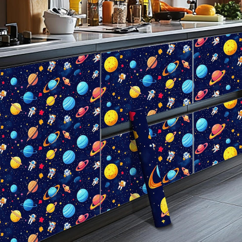 17.7" 118.1" HOMETITUTE Cartoon Galaxy Astronaut Planets Wallpaper Peel and Stick Contact Paper Wall Paper Stick x Self
