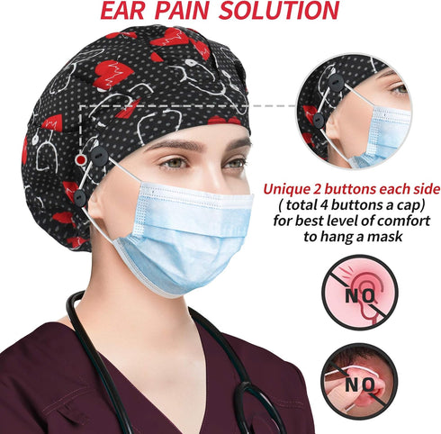 ABAMERICA 2 Pack Bouffant Caps - Adjustable Scrub Caps with Button and Sweatband for Women Men, One Size Multi Color
