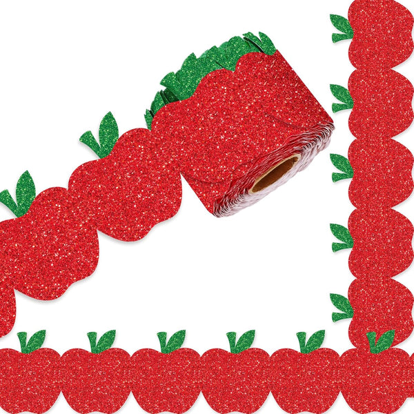 Whaline 65.6Ft Back to School Bulletin Board Border, Glitter Red Apple Die Cut Trim Roll for First Day of School