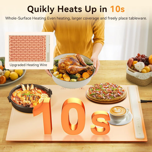 WOVAZUS 3 Settings 10s Electric Warming Tray, Temperature Food Warming Mat, Premium Silicone Nano-Material Warming Mat
