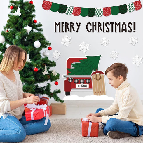 Whaline 139Pcs Christmas Classroom Bulletin Board Decoration Kit, Xmas Tree Red Truck Cutouts with Glue Point Stickers