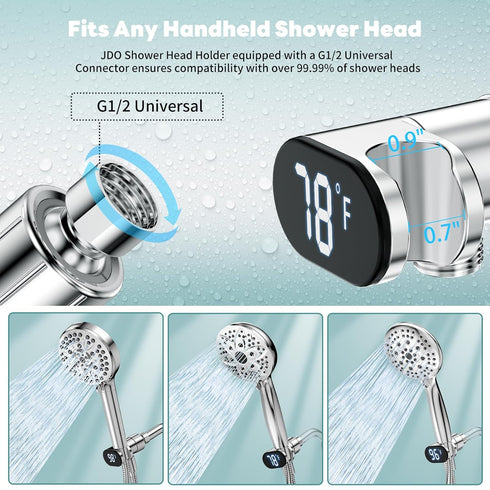 IPX7 JDO Shower Head Holder for Shower Head, Mount Bracket with LED Display Shower Thermometer, Waterproof Shower Head