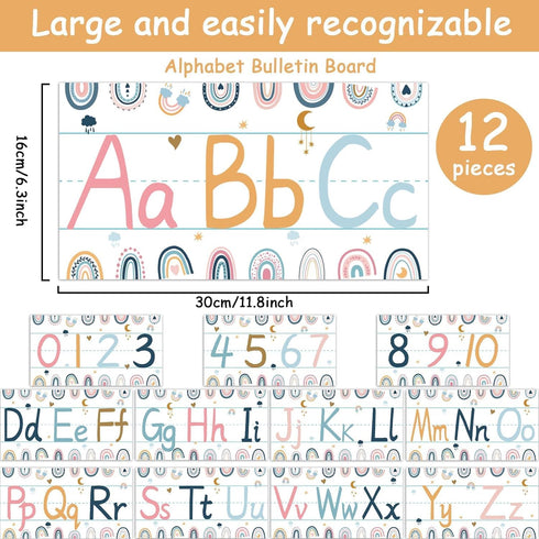 gisgfim 12 Pieces Alphabet Bulletin Board Strips Set, Boho Rainbow ABC Banner