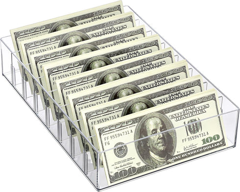 Hipiwe Cash Organizer, Clear Plastic Mail Tray with Removable Divider, 8 Slots for Cash Storage