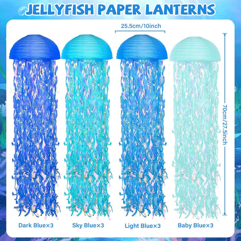 Lonfliness 12 Set LED Jelly Fish Paper Lanterns with Lights Blue Hanging Jellyfish Party Decoration Under The Sea Light