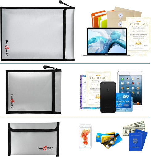 Fireproof Waterproof Money Document Bag - 3 Pack Safe Upgraded Zipper Bags for A4 A5 Documents, Cash, Jewelry, Passport