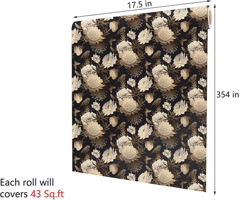 17.5x354 Inch Decotalk Dark Floral Wallpaper Peel and Stick Black Floral Wallpaper Removable Gold and Black Flower Wall