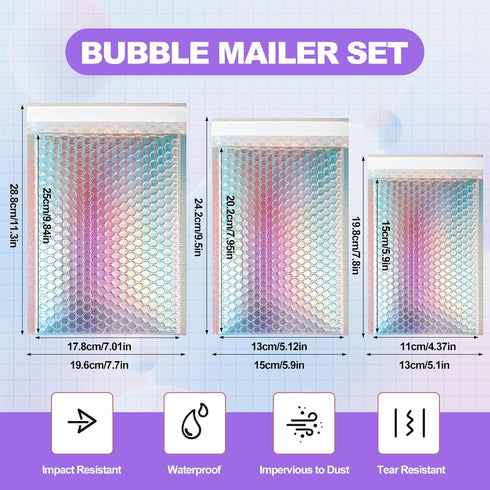 Ycxvacop 50 Pcs Metallic Bubble Mailers,With Thank You Cards and Stickers,Holographic Bubble Mailers,Self Seal Poly