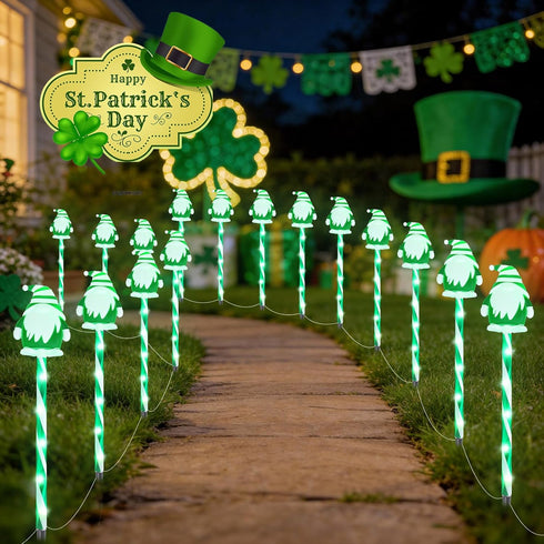 DTNESS 12 Packs 8 Lovely Elf Pathway Lights Outdoor Decorations for St. Patricks Day, Green Lucky Gnome w/ Modes