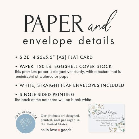 5.5x4.25 White Floral Sympathy Thank You Cards, Funeral Thank You Cards, Personalized Bereavement Notes with Envelopes