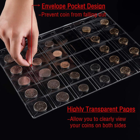 Ettonsun 10 Sheets 30-Pocket Coin Collecting Pages, Binder Inserts Coin Pocket Pages for Most Coin Collection Albums