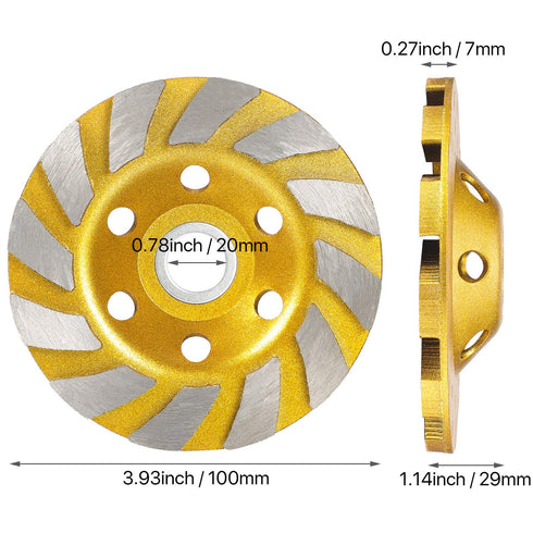 3 Pieces Turbo Row Diamond Grinding Cup Wheel for Concrete, Floors, Walls, Granite, Marble, Yellow