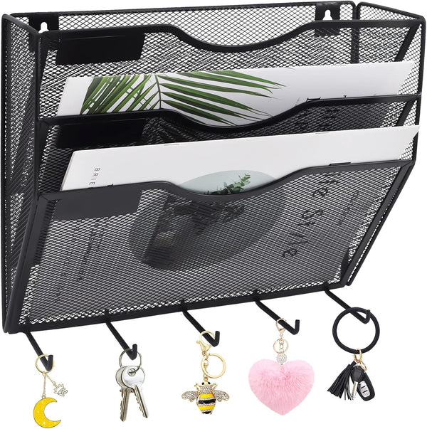 EASEPRES 3 Pocket Mesh Hanging File Organizer with Key Holder Hooks, Wall Mounted Mail Document Storage for Office