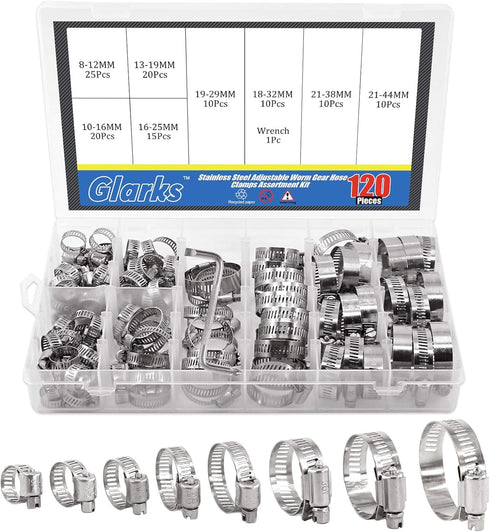 Glarks 120Pcs 304 Stainless Steel Hose Clamps Assortment Kit, Adjustable 8-44mm Worm Gear Clamps for Plumbing,