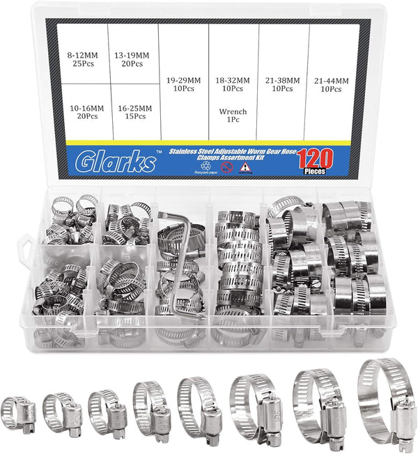 Glarks 120Pcs 304 Stainless Steel Hose Clamps Assortment Kit, Adjustable 8-44mm Worm Gear Clamps for Plumbing,