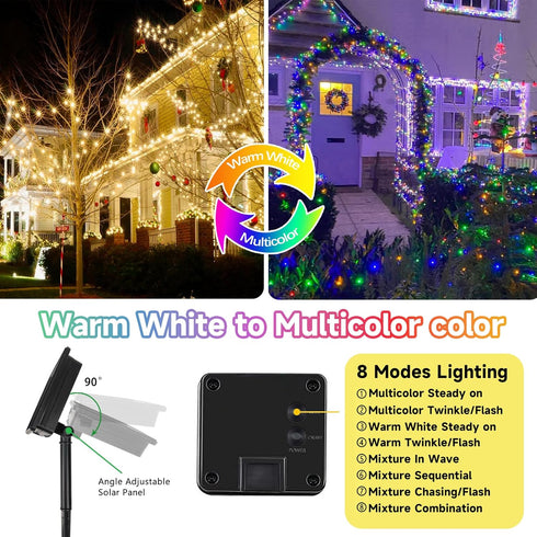 2 Pack 400LED 8 Warm White and Multicolor Color Changing Solar String Lights for Outside, Solar Fairy Lights Outdoor