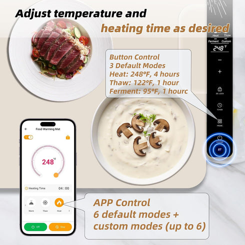 24.8"15", Countertop, Monteka Warming Mat for Food Electric Warming Trays with APP & Button Control, Silicone Fast