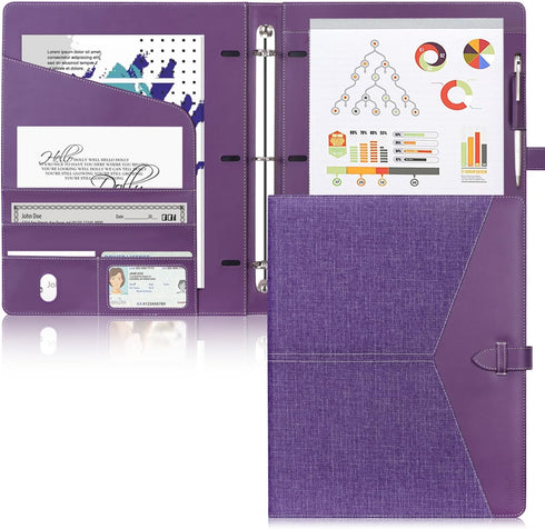 Toplive Padfolio 3 Ring Binder Organizer - A4/Letter Size PU Leather Business Portfolio Folder for Women, Purple