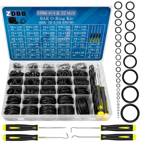 1086 Pcs SAE Standard O Ring Kit, Nitrile Rubber O-Rings Assortment with O‘Ring Pick for Hydraulic Automotive Repair