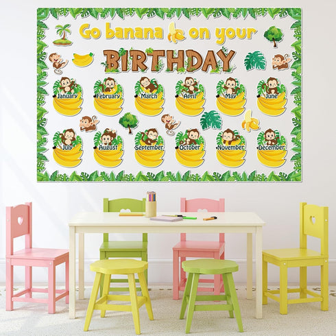 Jungle Theme Monkey Birthday Bulletin Board Set Happy Birthday Chart Cutouts Safari Decorations for Preschool Classroom