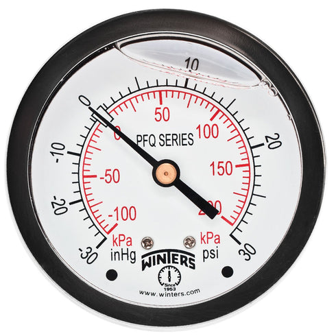 Winters 2-1/2" Dial Size, Liquid Filled Industrial Pressure Gauge, Brass Internals, 304 Stainless Steel Case, Dual Scale 30" Hg-0-30 psi/kPa, 1.5% Acc, 1/4" NPT Back Mount, Pressure and Vacuum Gauge