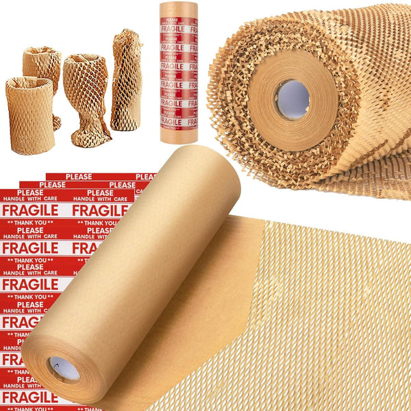 MINHAO Honeycomb Packing Paper 15"x100' Eco Friendly for Moving, Recyclable Honeycomb Paper with 36 Fragile Sticker