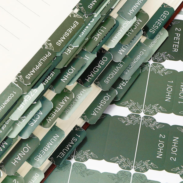 JarThenaAMCS 75Pcs Laminated Bible Tabs Greenery Index Tabs Green Leaves Large Print Neutral