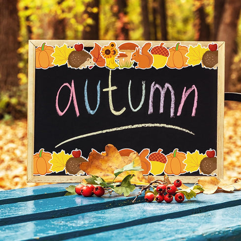 Whaline 66FT Fall Bulletin Board Trim Autumn Leaves Pumpkin Squirrel Hedgehog Sunflower Mushroom Decor for Classroom