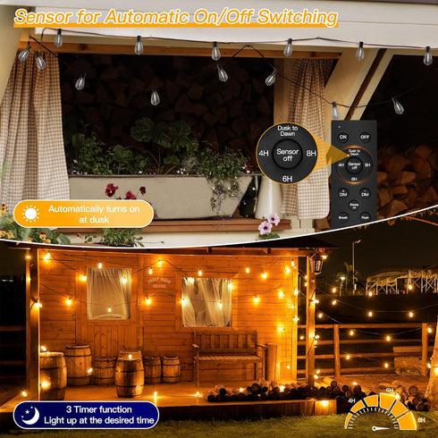 S11 100FT 3 Dimmable 48+2 Bulbs, Ollny Outdoor String Lights with Remote, Plug in Waterproof Connectable Modes Timers