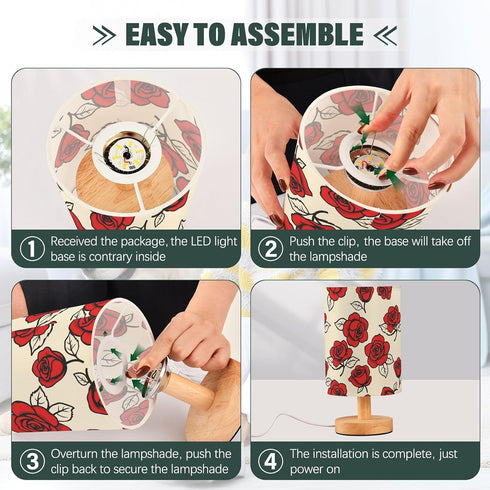 ALAZA Bedside Table Lamp for Bedroom Red Rose Floral Nightstand LED Light Lamps with USB Port Linen Fabric Shade Table