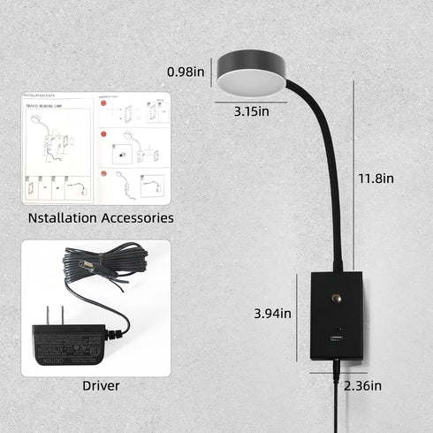 NOVCAND 5 Dimmable LED Wall Mounted Reading Light for Bed, Flexible Gooseneck Book Light for Wall Bedside Lamp