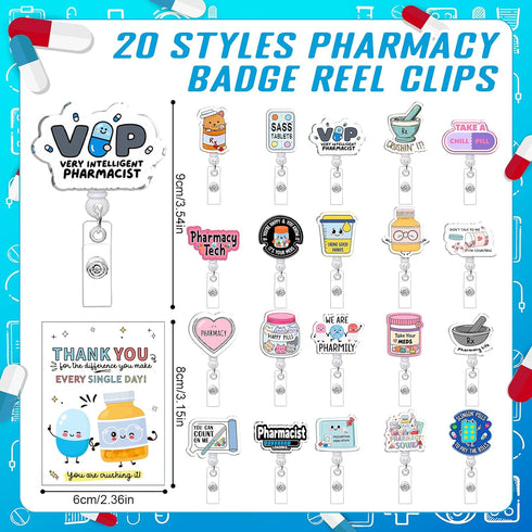 Jiytivity 60 Pcs Pharmacy Gifts Funny Pharmacy Technician Gifts Include Pharmacy Badge Reel Bulk Thank You Cards