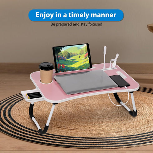 4 Portable Bed Desk, Foldable Laptop Desk with USB Charge Port/Cup Holder/Tablet Slot/Storage Drawer, Folding Lap Table
