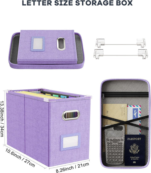 Oterri File Organizer Box with Lid, Hanging Filing Box with Mesh Pocket, Document Organizer for Letter Files, Lavender