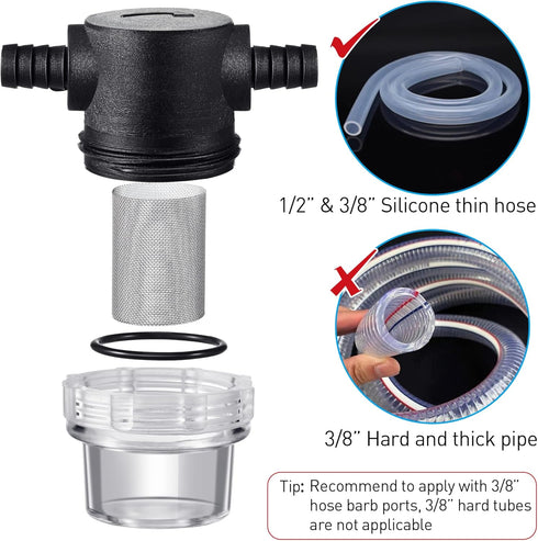 1/2 Inches Water Pump Strainer for 3/8 Inches Hose Barb, Twist-On Pipe Sprayer Filter for 12V DC 80 PSI RV Marine Boat