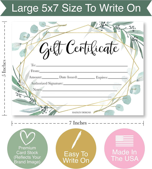 Hadley Designs 25 Eucalyptus Gold Blank Certificates, Paper Voucher for Hair & Nail Salon, Small Business Coupons