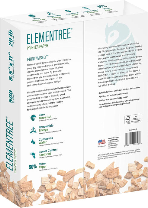 Elementree Sustainable Printer Paper Case, 8.5 x 11 White, 5 Reams, 2500 Sheets of 20lb Printing Paper, USA Made.