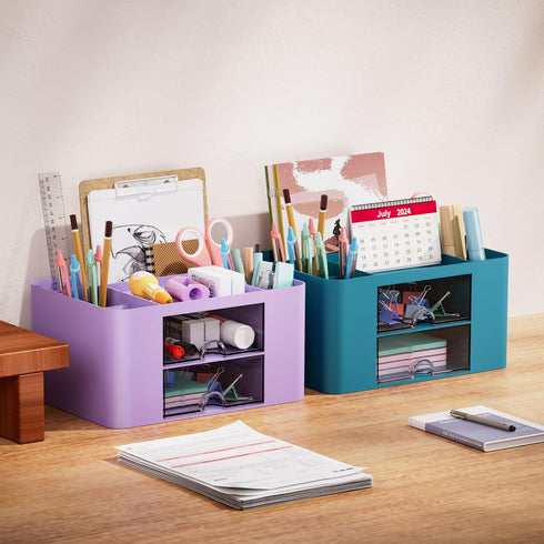 Marbrasse Pen Organizer, Multi-Functional Pencil Holder with 2 Drawers, 5 Compartments for Office Art Supplies (Purple)